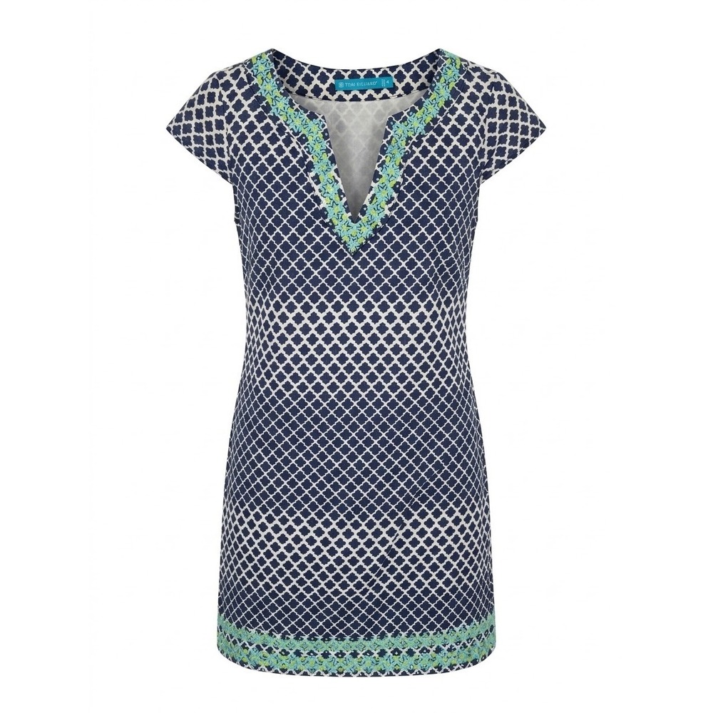 Tori Richard Navy White Quatrefoil Embroidered Cotton Shift Dress Size 4